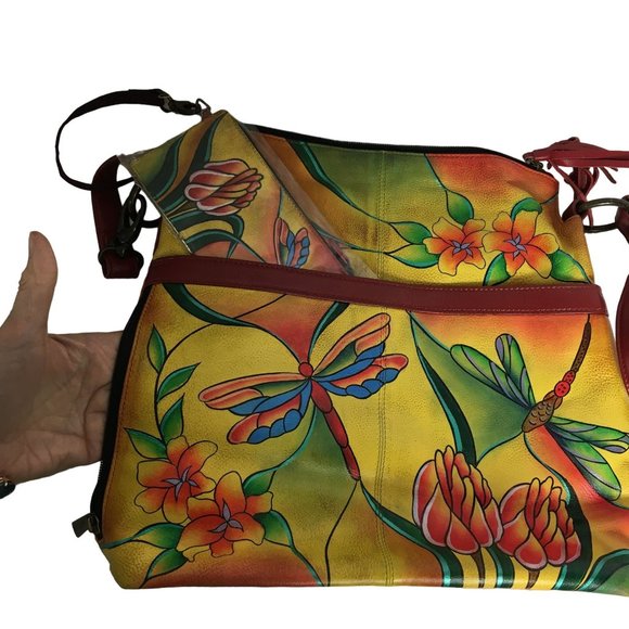 Anuschka NEVER USED Handpainted Leather Tote Shoulder Dragonfly Floral - Picture 3 of 13